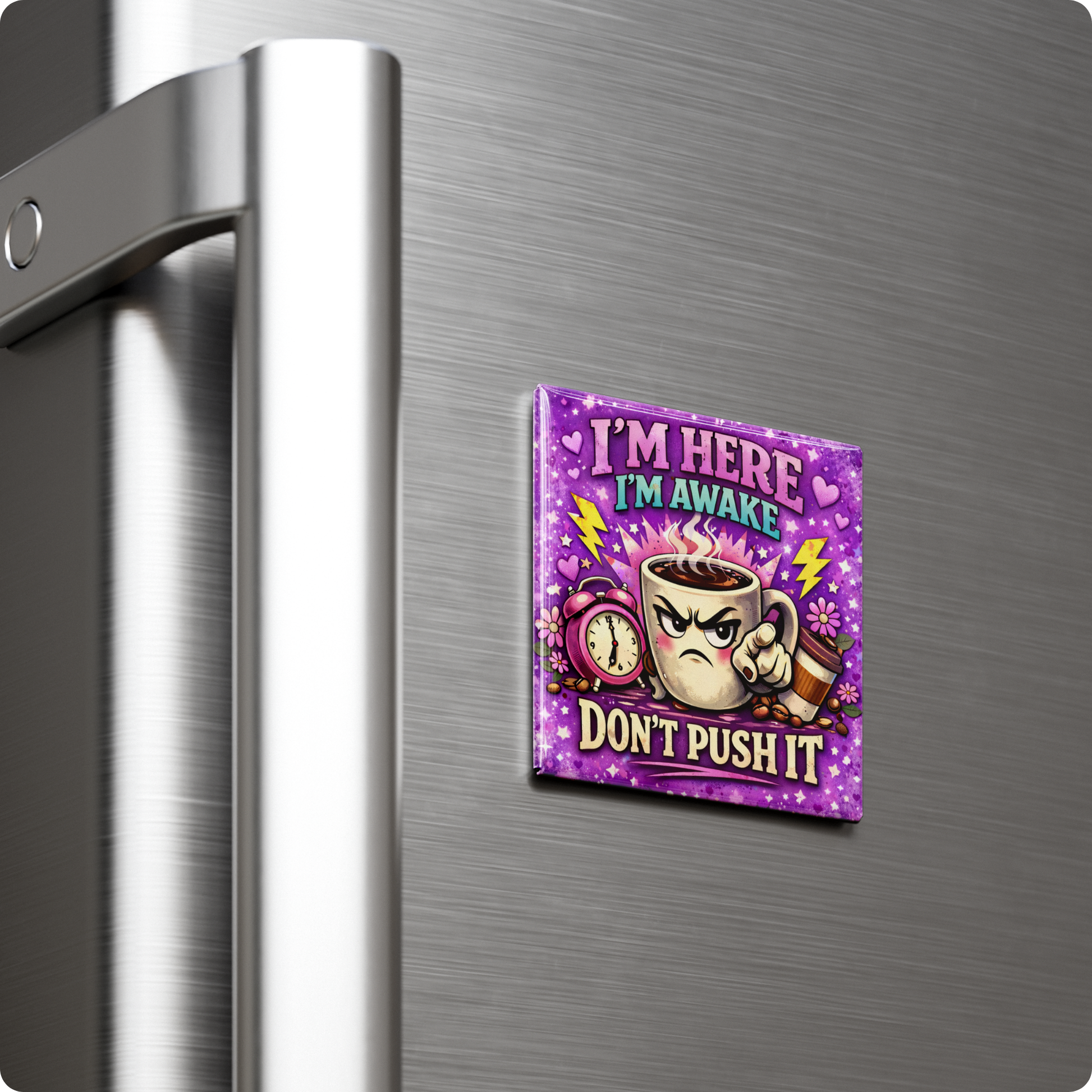 Fridge magnet with a coffee cup design on a metallic refrigerator